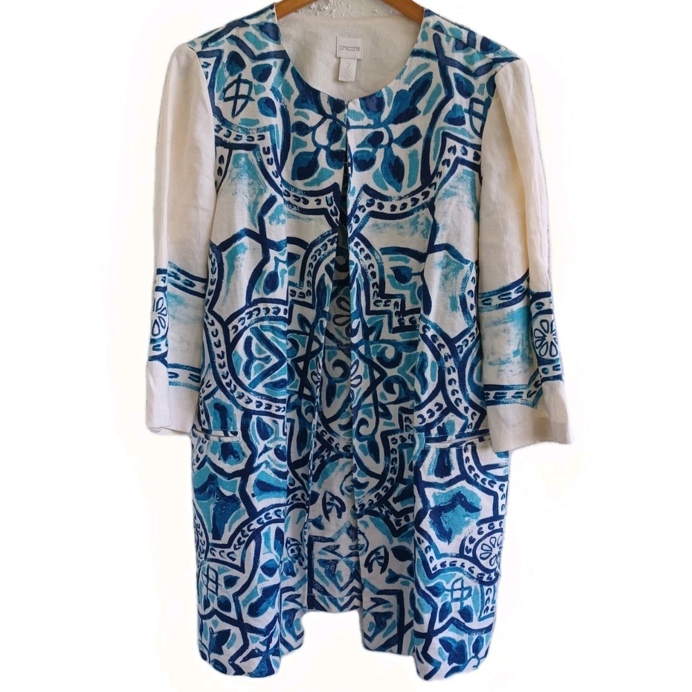 Chicos Linen‎ Kimono Jacket Blue White Geometric Print Open Front